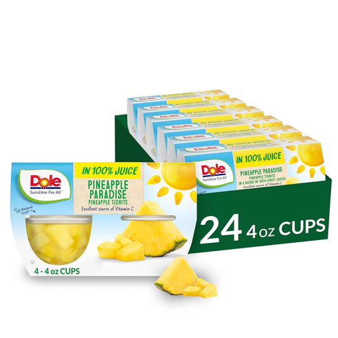 Dole Fruit Bowls Pineapple Tidbits in 100% Juice Snacks, 4oz 24 Total Cups, Gluten & Dairy Free, Bulk Lunch Snacks for Kids & Adults...