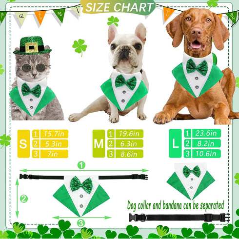 3Pack St.Patrick's Day Dog Costume Puppy Bandana Top Hat Green Shamrock Bow Tie Collar Adjustable Pet Scarf Formal Tux Clothes Irish Tuxedo Outfit...