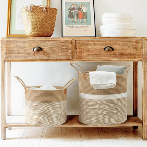 CHICVITA Extra Large Woven Storage Basket with Handles – Laundry Basket Toy Towels Jute Blanket Basket Home Decor Gift, 16" x 16", White...