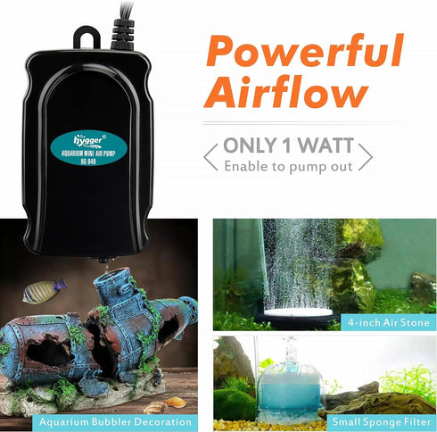 hygger Mini Aquarium Air Pump Kit Small Fish Tank Air Pump 1W for 5-20 Gallon Fish Bowl with Air Tube Air Bubbler Stone Check Valve...