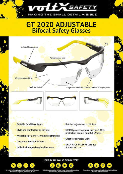 voltX GT ADJUSTABLE Bifocal Reading Safety Glasses (Clear Lens +1.5), ANSI Z87.1+ & CE EN166FT, Anti fog coated, UV400 Lens, Scratch resistant, Ti...