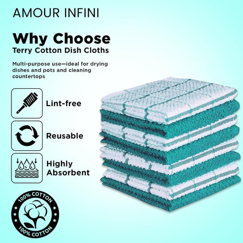 AMOUR INFINI Cotton Kitchen Dish Cloths Set of 8 – Highly Absorbent, Super Soft Premium Terry Cleaning Cloth (12"x12" Inch) Premium Dishcloths for...