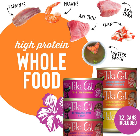 Tiki Cat Grill, Tuna & Crab Surimi, High-Protein and 100% Non-GMO Ingredients, Wet Whole Foods Cat Food for All Life Stages, 2.8 oz. Cans (Pack of...