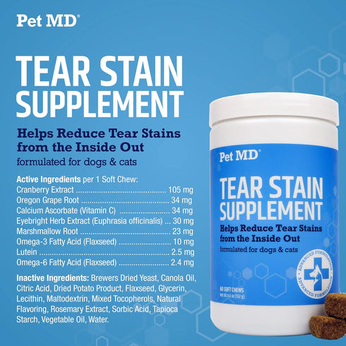 Pet MD Tear Stain Remover for Dogs & Cats - Antioxidant Eye Care Supplement with Lutein, Cranberry, & Omega 3 & 6 - Cat & Dog Tear Stain Remover C...