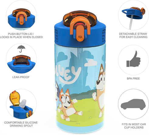 Zak Designs Bluey Kids Durable Plastic Spout Cover and Built-in Carrying Loop, Leak-Proof Water Design for Travel, (16oz, 2pc Set), Bluey Bottle 2...