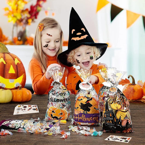 HalloweenCandy Bags Treats Bags, 200 PCSHalloween Cellophane Bags for Kids Treat or Trick Party Supplies, 8 Styles HalloweenGoodies Bags Gift Bags...
