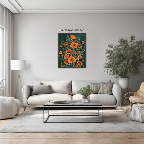 Posterizer 1 pcs-orange wild dainty flowers with green background-Floral & Botanical Art-Abstract & Modern Art-Decor for Home & Office- UNFRAMED W...