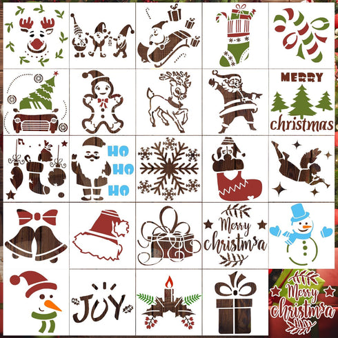24pcs Small Christmas Stencils, Reusable Xmas Painting 3x3 Inch Template Multiple Patterns Decoration Stencils Painting on Wood for DIY Crafts Car...