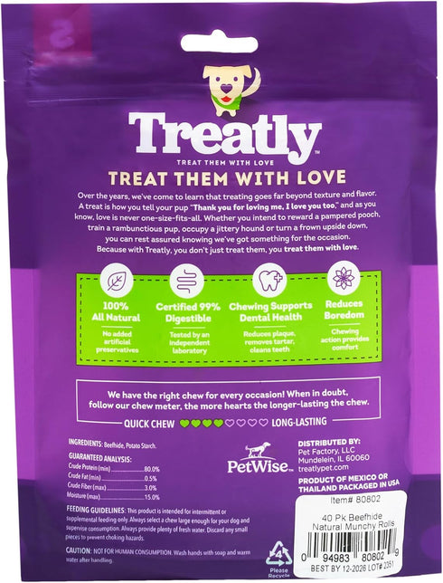 Beefhide Munchy Sticks 5" Dog Chew Treats - Natural Flavor, 40 Count/1 Pack...