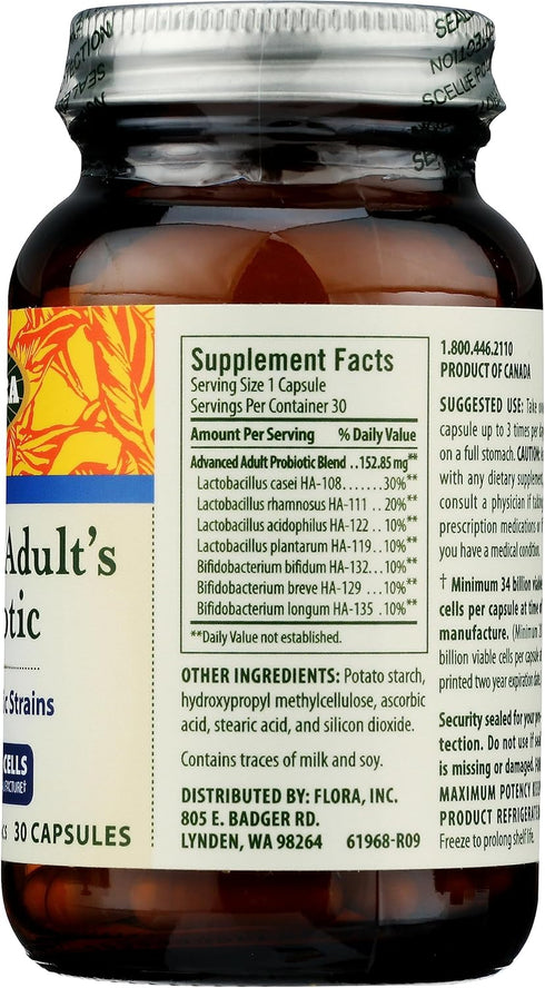 Flora - Advanced Adult's Blend Probiotic, Seven Senior-Specific Strains, Gluten Free, Raw Probiotic with 34 Billion Cells, 30 Capsules...