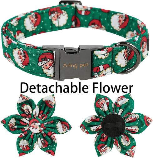 ARING PET Christmas Dog Collar-Green Santa Claus Dog Collar with Flower, Adjustable Cotton Christmas Pet Collars Girl Puppy Collars...