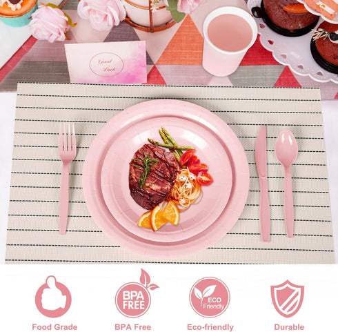 Pink Party Birthday Supplies, Pink Paper Plates Napkins Cups, Disposable Dinnerware Set Serves 25, Pink Plastic Forks Knives Spoon for Wedding Bri...