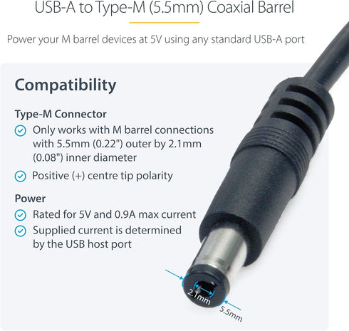 2m USB to Type M Barrel Cable - USB to 5.5mm 5V DC Cable...