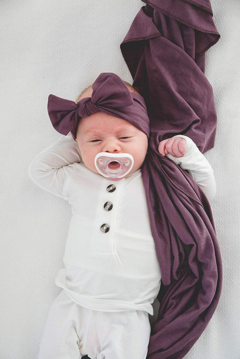 Copper Pearl Baby Beanie Hat Top Knot Stretchy Soft Plum...