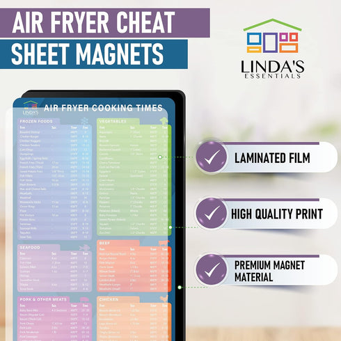 Air Fryer Magnetic Cheat Sheet Set by Linda’s Essentials - Air Fryer Cooking Times Chart Magnet, Quick Reference Guide for Cooking and Frying, Air...