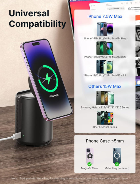 JSAUX Cell Phone Stand with Wireless Bluetooth Speaker and Magnetic Wireless Charger, Compatible with iPhone 15/Samsung, Birthday Gifts for Men an...