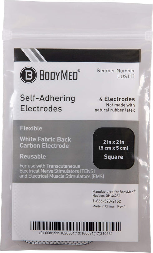 BodyMed TENS/EMS Unit 4 Electrode Pads – Four, 2 x 2 Inch Square Electrodes in Ten Packs – Reusable and Self-Adhesive for Easy Muscle Stimulation ...