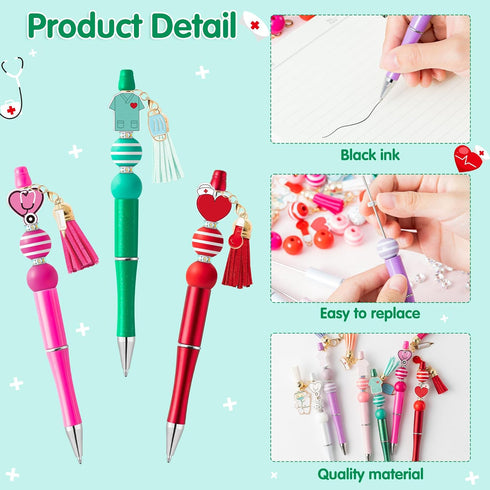 184pcs Nurse-Theme Beadable Ballpoint Pen Set, Set of 12pcs Plastic Beadable Pen, Nurses Uniform Stethoscope Wood Bead, Crystal Spacer Bead, Nurse...