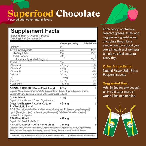 Amazing Grass Greens Superfood Powder: Greens Powder with Digestive Enzymes & Probiotics, Organic Spirulina, Chlorella, and Beet Root Powder, Choc...