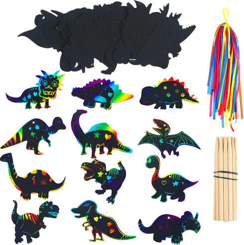 Outus 120pcs Scratch Dinosaur Craft Art Kits for Kids with 48 Scratch Dinosaur Paper24 Wooden Styluses and 48 Ribbons for Theme Birthday Party Gam...