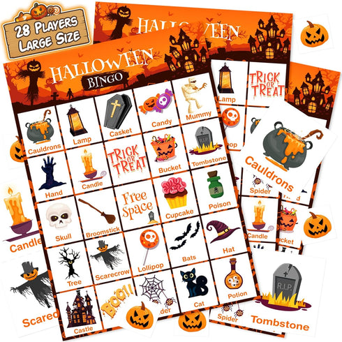 V-Opitos Large Size Halloween Bingo Game Card for Kids/Adults, 6''×8.5” - 28 Players - Halloween Games for Family/School Classroom/Large Group, Ha...