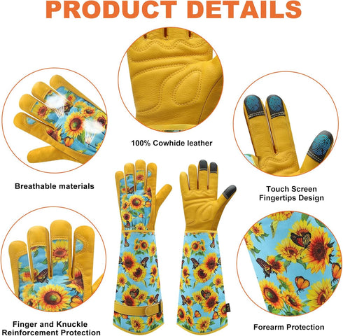 Gardening Gloves for Women, Rose Gloves Gardening Thorn Proof, Long Garden Gloves for Women, Breathable Cowhide Leather Gauntlet (Medium, Blue)...