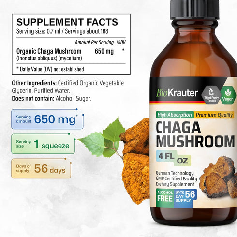 BIO KRAUTER Chaga Mushroom Extract - Chaga Tincture for Immune Support - Vegan, Alcohol & Sugar Free Drops 4 Fl.Oz....