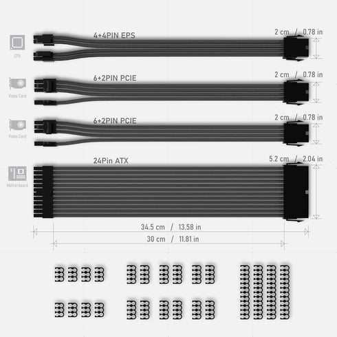 EZDIY-FAB PSU Cable Extension Sleeved Custom Mod GPU PC Power Supply Soft Nylon Braided with Comb Kit 24PIN/8PIN to 6+2Pin/ 8PIN to 4+4PIN-30CM 30...