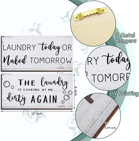 2 Pieces Laundry Room Decor Sign Rustic Farmhouse Bathroom Wall Decor Funny Laundry Signs, 12 x 6 Inch(White)...