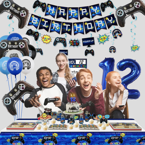 12th Birthday Decorations for Kids-Gaming Party Decorations for Gamer-HAPPY BIRTHDAY Gaming Banner Video Game Table Cover Controller Balloon Cake ...