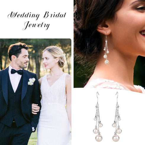 EleQueen Women's Silver-tone Crystal Simulated Pearl 4 Chain Bridal Long Dangle Hook Earrings Ivory Color...