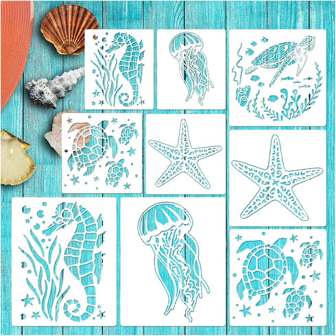 Ocean Stencils for Painting On Wood Turtle Seahorse Starfish Jellyfish Templates for Art Crafts Plastic Reusable Wood Burning Stencils for Wall Ca...