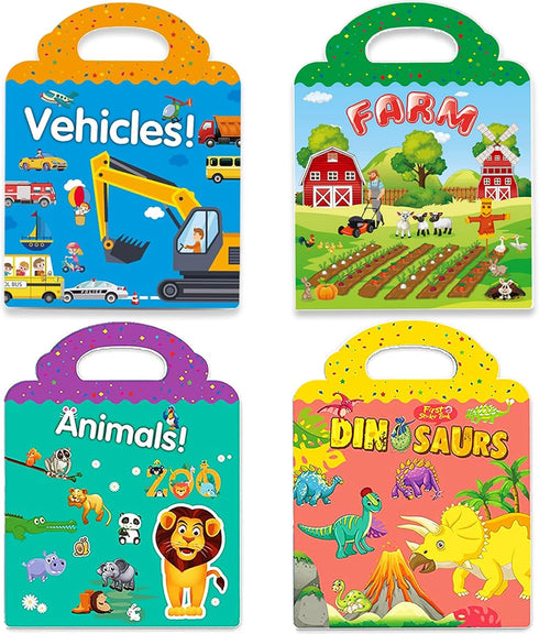 Reusable Sticker Books for Kids, 4 Sets Removable Toddler Sticker Book for Girls Boys Educational Learning Toys - Vehicle, Farm, Dinosaur & Zoo An...