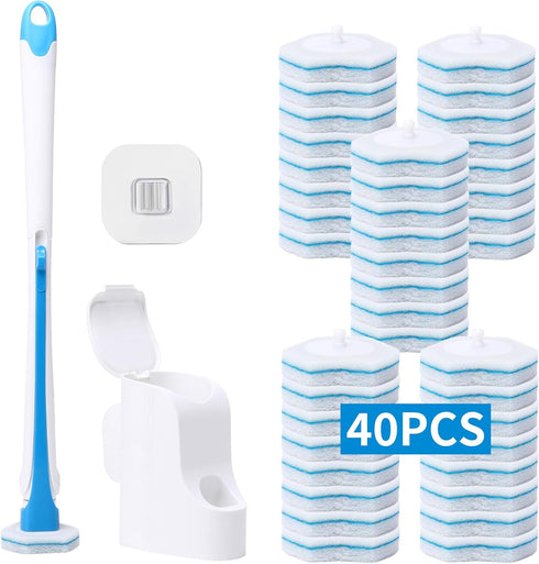 Disposable Toilet Brush with 40PCS Refills, Wall Mounted Compact Bathroom Bowl Wand Cleaning System Long Handle with Storage Caddy...