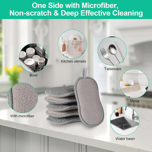 Upgrated Dual-Sided Sponges Kitchen, 6 Pack Microfiber Non Scratch Dish Scrub Sponge, All Purpose Dish Washing Scrubber for Cleaning Dishes, Kitch...