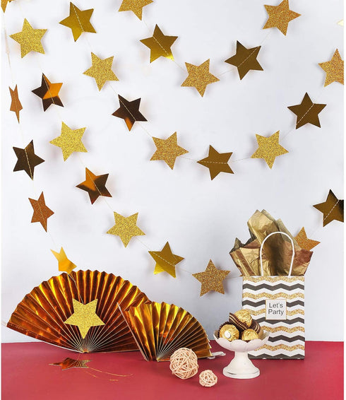 WEVEN Gold Glitte Star Garland Reflective Paper Party Streamers Twinkle Star Banner Backdrop for Wedding Baby Shower Nursery Graduation Party Deco...