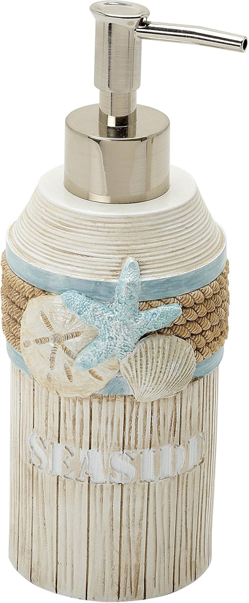 Zenna Home Seaside Serenity Bathroom Soap Dispenser with Carved Resin Design, Lotion Dispenser with Pump for Bathroom Decor with Hand-Painted Shel...