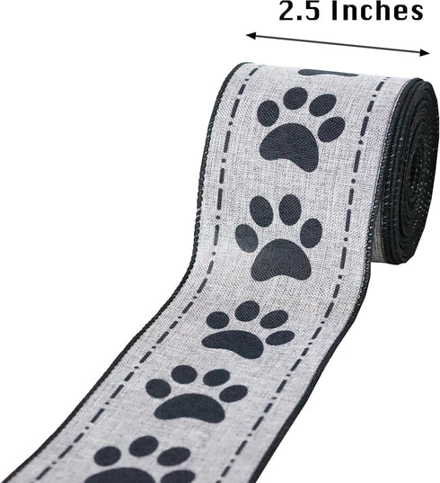 Dog Paw Print Wired Ribbon, Black and Grey Paw Ribbon with Wired Edge, Animal Print Wide Ribbon for Wreath, Gift Wrapping, and Decoration Craft, 2...