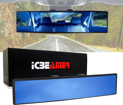 ICBEAMER 11.8 Inch Car Rearview Mirror, Panoramic Wide Angle, HD Blue Tint Glass, Interior Clip On Convex Car Mirror, Anti Glare, Automotive Acces...