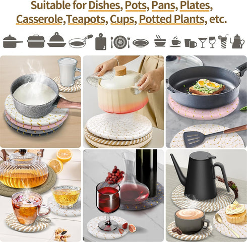 Trivets for Hot Dishes, 7" Trivets for Hot Pots and Pans Pot Holders for Kitchen, 4.3" Coasters Cotton Weave Mat Heat Resistant, Hot Plate Mats fo...
