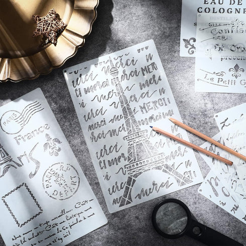 10 Pieces French Script Stencils DIY Art Craft French Writing Stencils French Stencils for Furniture Painting on Wood Canvas Paper Fabric Floor Wa...