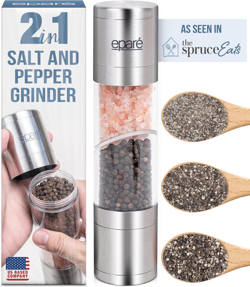 Eparé 2 in 1 Salt and Pepper Grinder Combo – Manual Dual Salt and Pepper Grinder in One for Kitchen Use – Stainless Steel All in One Himalayan Sal...