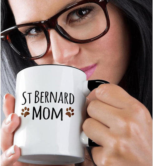 3dRose (mug_154185_4) St Bernard Dog Mom - Saint Doggie by breed - brown muddy paw prints - doggy lover - pet owner love - Two Tone Black Mug, 11o...