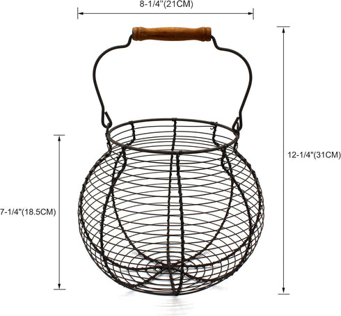CVHOMEDECO. Antique Wire Egg Basket with Wood Handle Primitives Vintage Gathering Basket. Rusty...