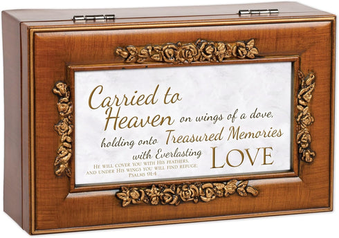 Cottage Garden Treasured Memories Love Feather Wood Finish Petite Rose Jewelry Music Box Plays Amazing Grace...