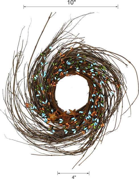 CVHOMEDECO. Primitives Rustic Pip Berries and Twig with Rusty Barn Stars Wreath, 10-Inch, Country Mix...