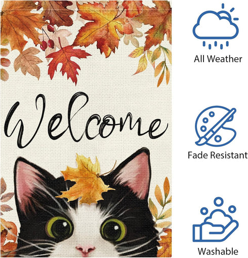 Welcome Fall Garden Flag 12 x 18 Inch Vertical Double Sided Burlap, Autunm Cute Cat Garden Yard Flags for Yard Thanksgiving Holiday Outside Outdoo...