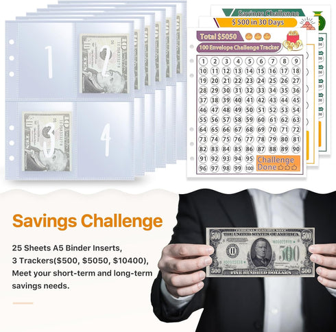 100 Envelope Money Saving Challenge Binder Replacement, 25 Sheets A5 Binder Inserts and 3 Trackers, Pre-labeled 1-100, Cash Stuffing Envelopes,Sav...