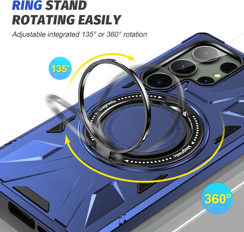 Galaxy S24 Ultra Case with Camera Lens Protector+360°Ring Holder Stand,Dual Layer Protective Sturdy Magnetic Heavy Duty Protection Hard PC Cover,N...