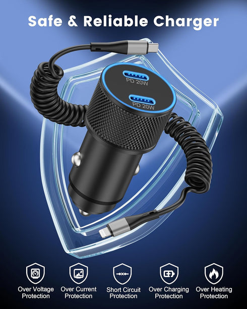iPhone Fast Car Charger, WIDAQUO 40W Dual USB C Car Charger Adapter Cigarette Lighter and 6FT USB-C to Lightning Coiled Retractable Cable Charging...